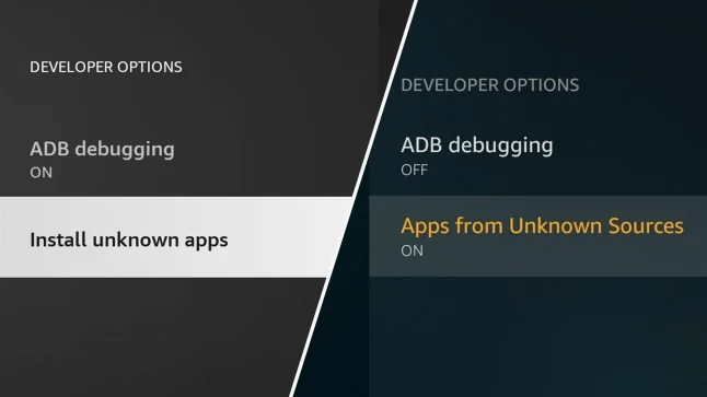 Fire TV Developer Options showing ADB debugging and Install unknown apps
