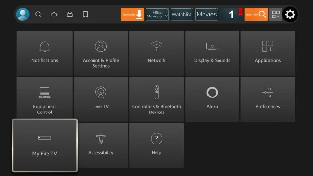 Fire TV Settings screen with My Fire TV selected