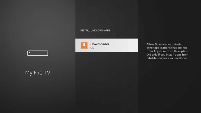 Fire TV Install unknown apps screen with Downloader switched on
