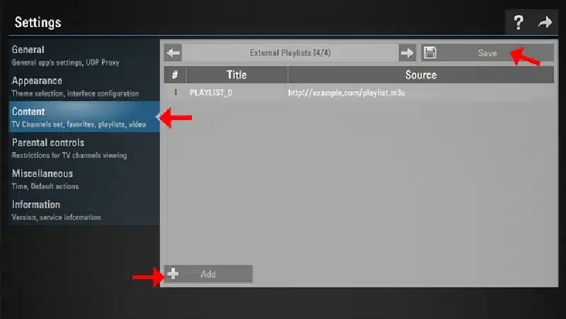 External playlists settings screen with an M3U source, Add and Save