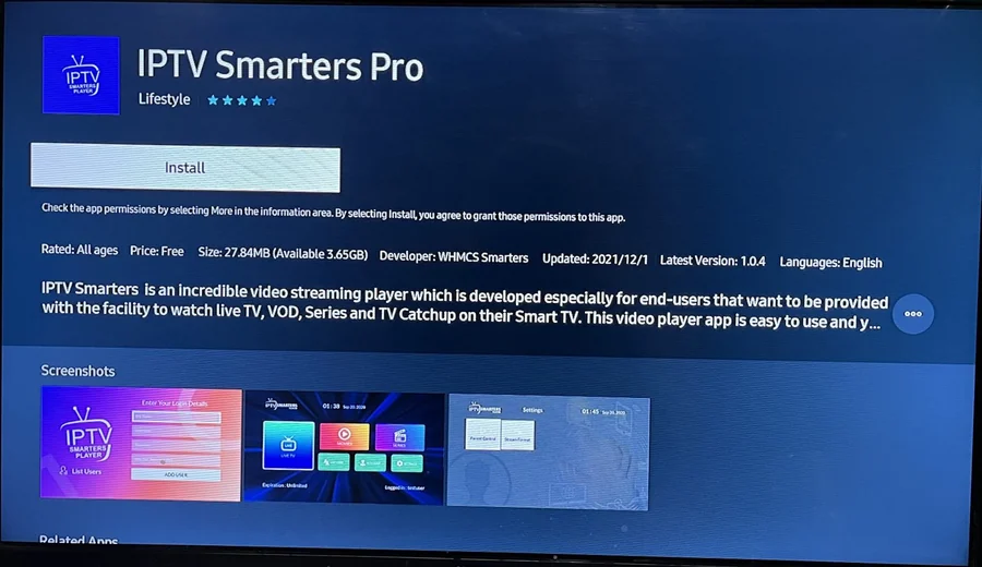 IPTV Smarters Pro listing in the smart TV app store, showing the Install button